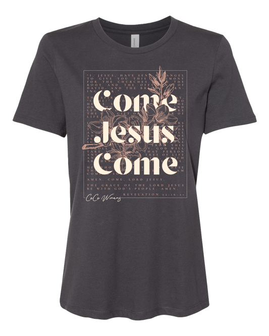 Come Jesus Come (Flowers) - Ladies Charcoal Tee